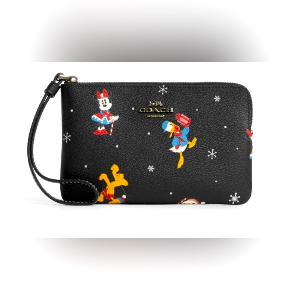 Coach X Disney Corner Zip Leather Wristlet w/ Holiday Print ~NWT~ CN031